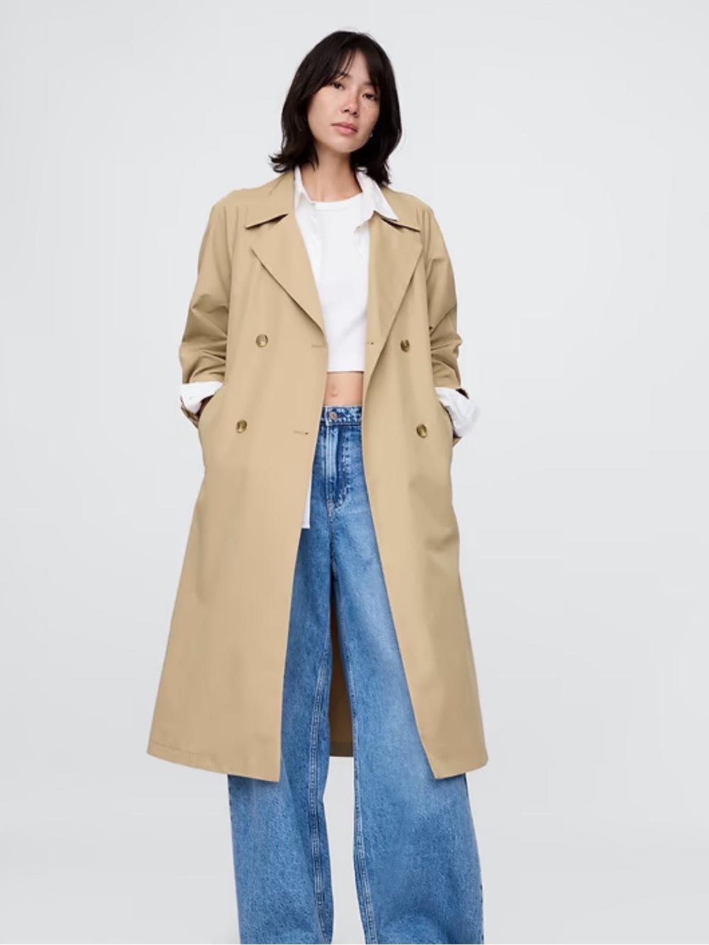 GAP Women’s Beige Icon Long Trench Coat Twill Relaxed Fit Size S Missing Belt